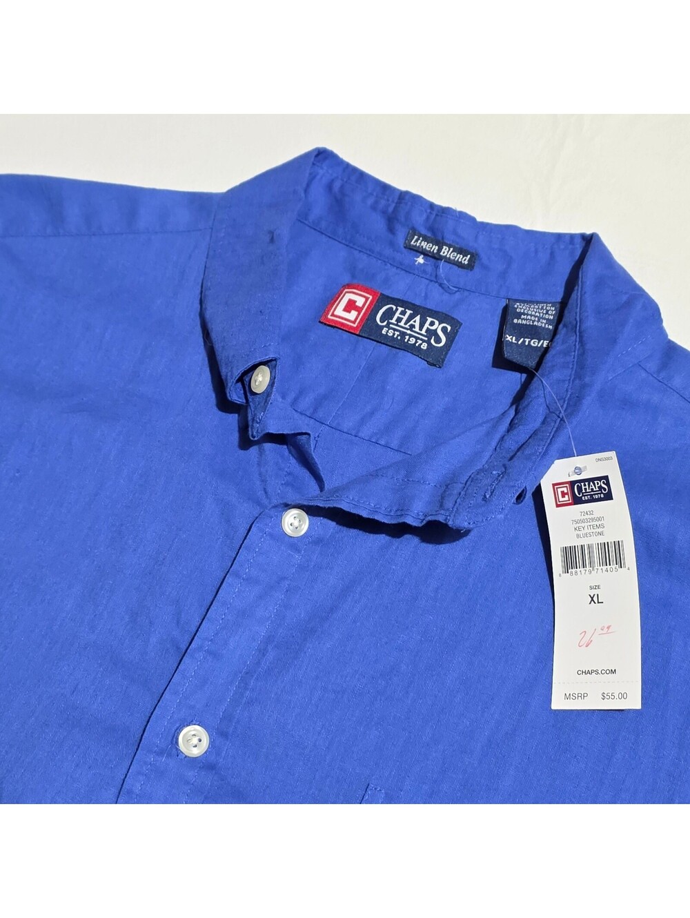 Chaps Linen Blend Blue Short Sleeve Button-Up Shirt XL